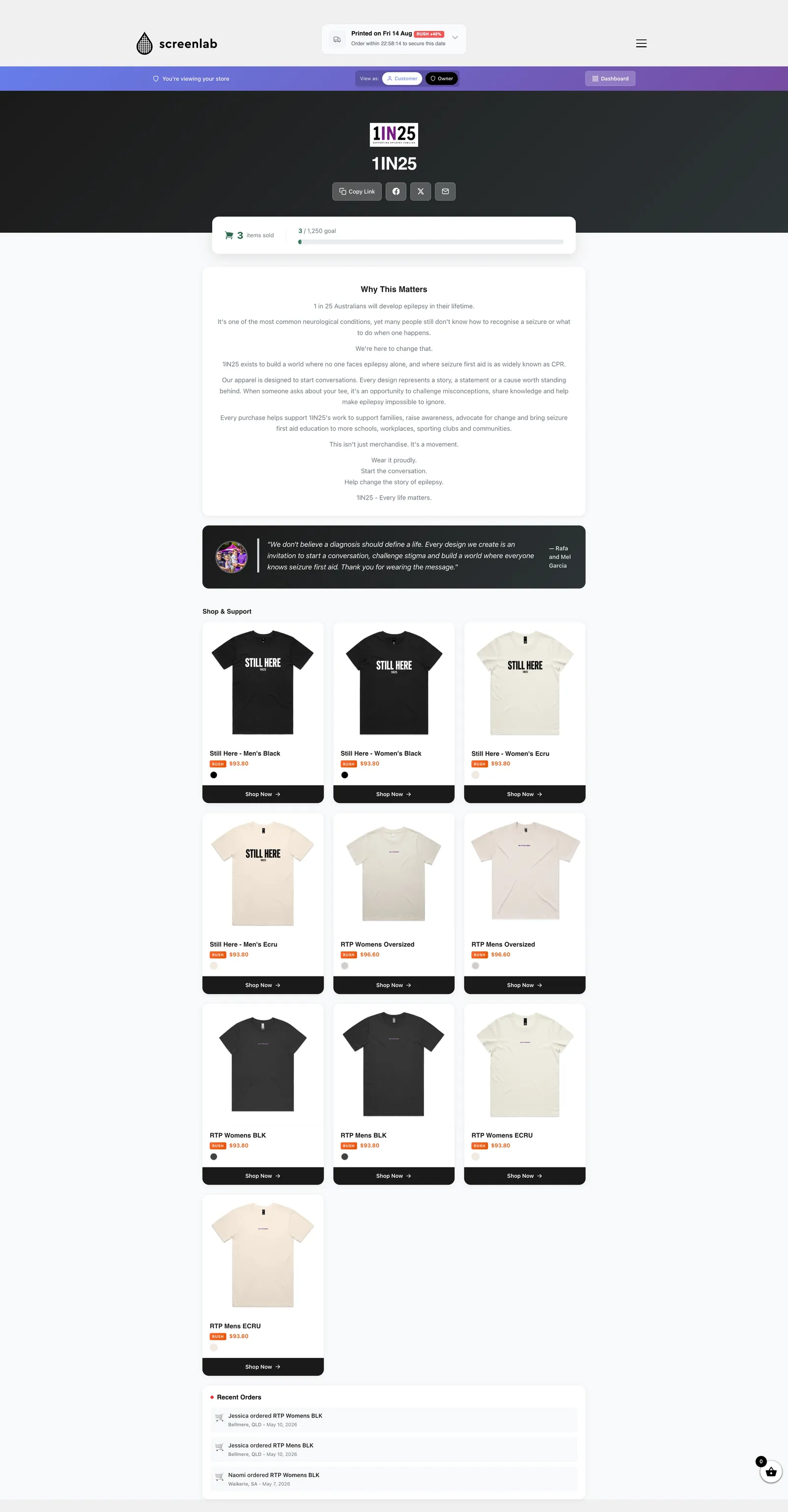1IN25 live merch store built with Screenlab